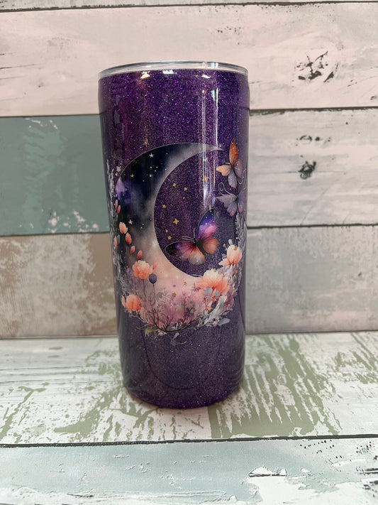 Moon & Butterflies with Purple Sparkle 15oz Resin Tumbler